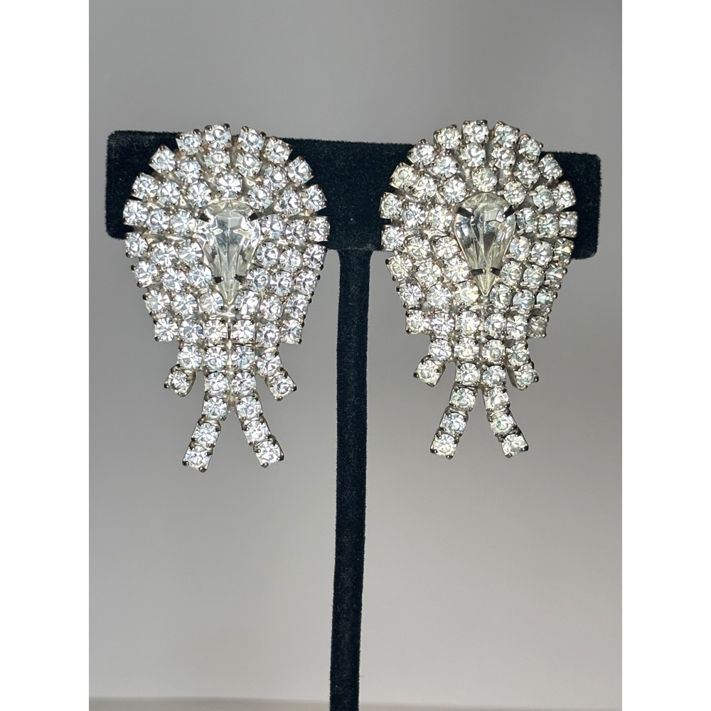 1950s Silver Tone Rhinestone Clip On Earrings Vintage Clear Crystal Fan Spray